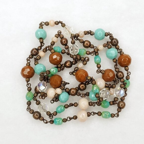 Boho Jewelry - Vintage Beaded Necklace Glass Stone Brown Green Long Boho Southwestern 38"
